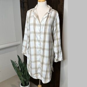 Cream and Tan button down Plaid nighty Shirt Dress  soft surroundings Women’s XL